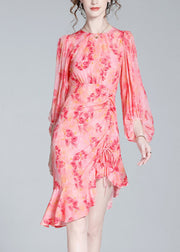 Elegant Pink O-Neck Print Tunic Slim Vacation Long Dresses Lantern Sleeve