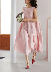Elegant Pink O-Neck Wrinkled Long A Line Dresses Sleeveless
