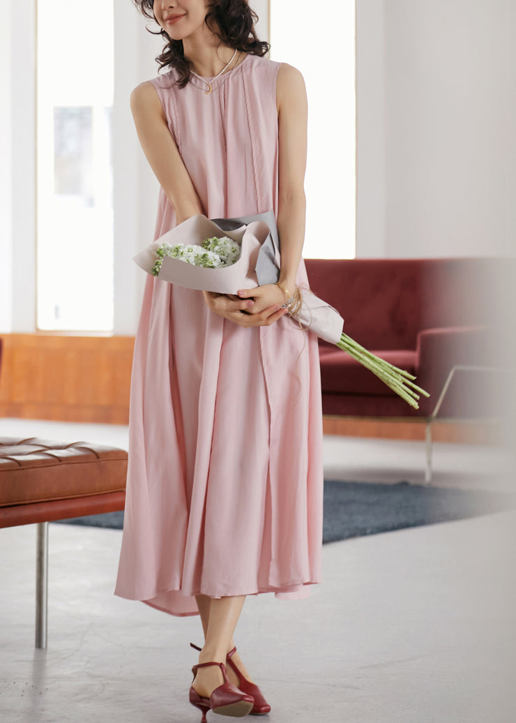 Elegant Pink O-Neck Wrinkled Long A Line Dresses Sleeveless