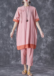 Elegant Pink Patchwork Lace Up Linen Dress And Pants Two Pieces Set Summer