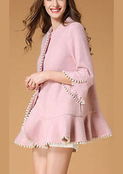Elegant Pink Pockets Nail bead fashion Fall Woolen Coat