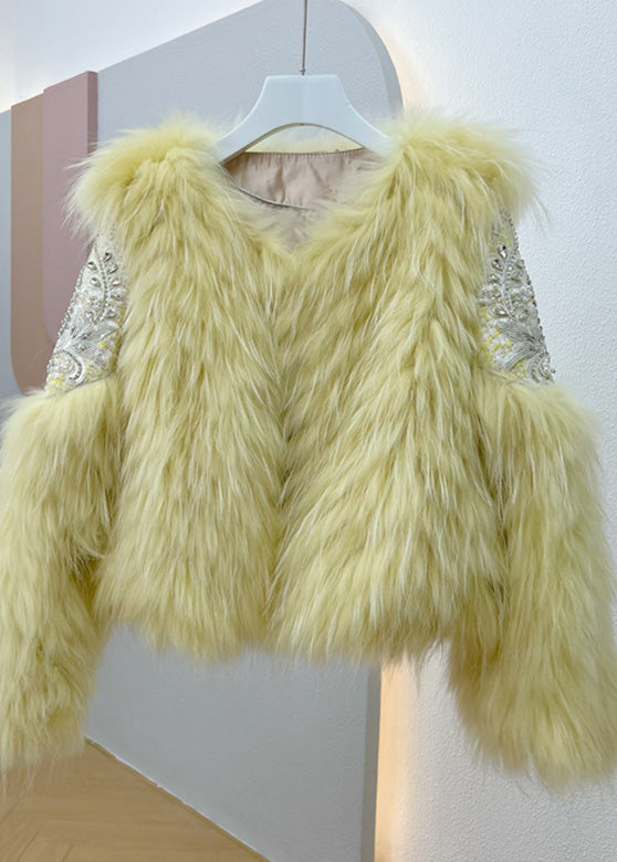 Elegant Pink Faux Fur Collar Nail Bead Button Leather And Fur Coat Winter