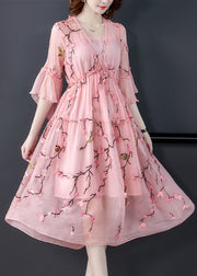 Elegant Pink Ruffled Embroidered ChiffonSilk Maxi Dresses Flare Sleeve