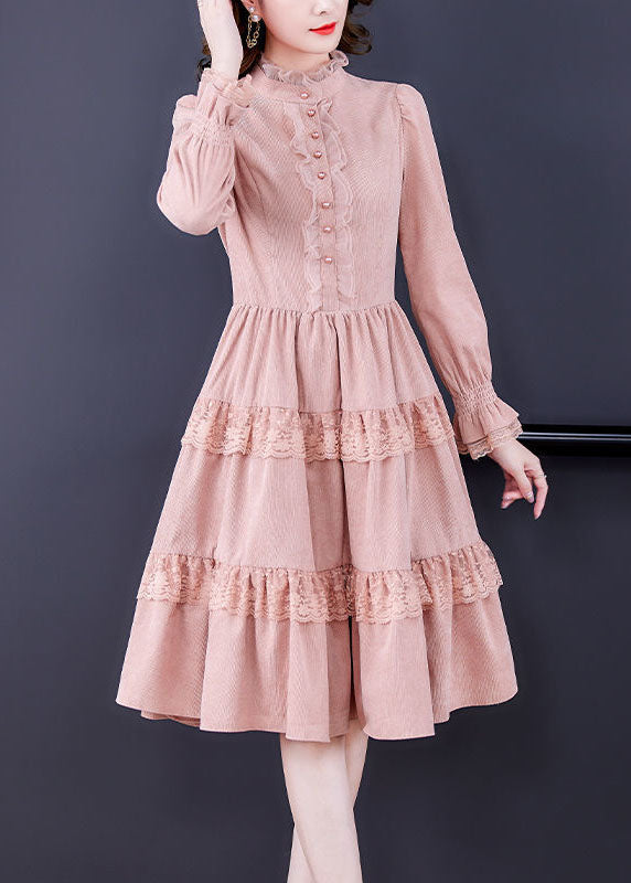 Elegant Pink Ruffled Lace Patchwork Exra Large Hem Silk Velour Dress Spring