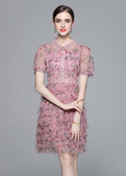 Elegant Pink Ruffled Nail Bead Print Patchwork Tulle Mid Dress Summer