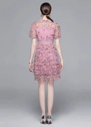 Elegant Pink Ruffled Nail Bead Print Patchwork Tulle Mid Dress Summer