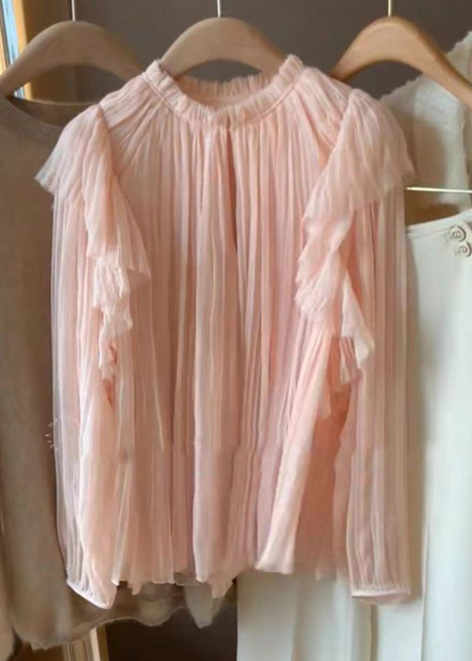 Elegant Pink Ruffled Solid Patchwork Chiffon Tops Long Sleeve