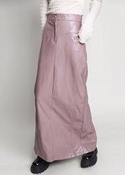 Elegant Pink Side Open High Waist Faux Leather Skirt Spring
