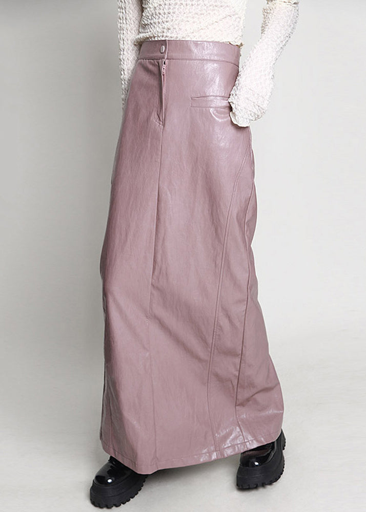 Elegant Pink Side Open High Waist Faux Leather Skirt Spring