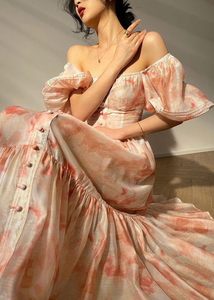Elegant Pink Square Collar Patchwork Print Silk Dress Puff Sleeve
