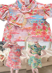 Elegant Pink Stand Collar Button Girls Mid Dress Summer