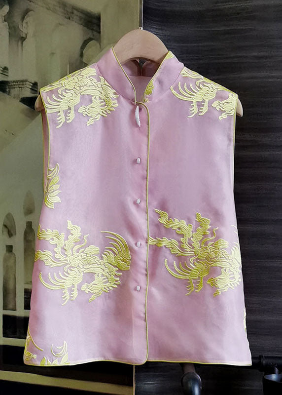 Elegant Pink Stand Collar Embroidered Patchwork Silk Vest Sleeveless