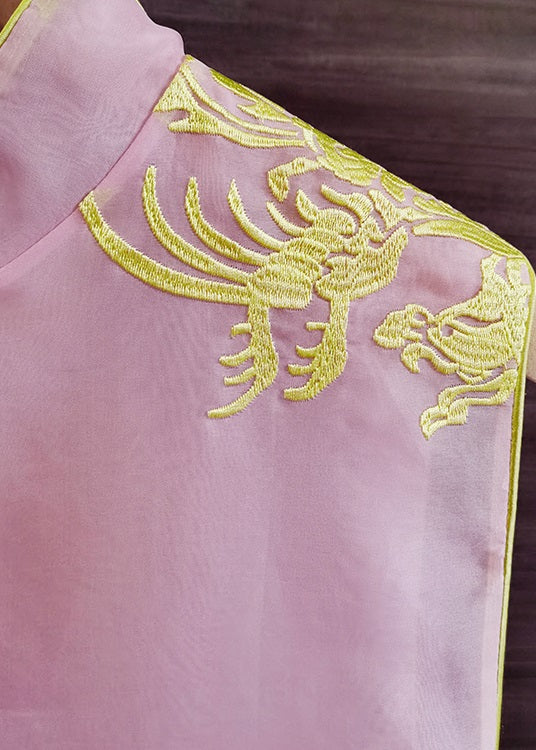 Elegant Pink Stand Collar Embroidered Patchwork Silk Vest Sleeveless
