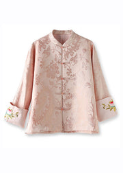 Elegant Pink Stand Collar Embroidered Silk Coat Long Sleeve