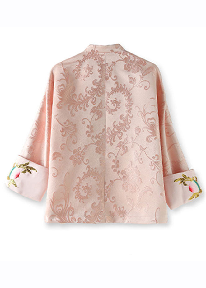 Elegant Pink Stand Collar Embroidered Silk Coat Long Sleeve