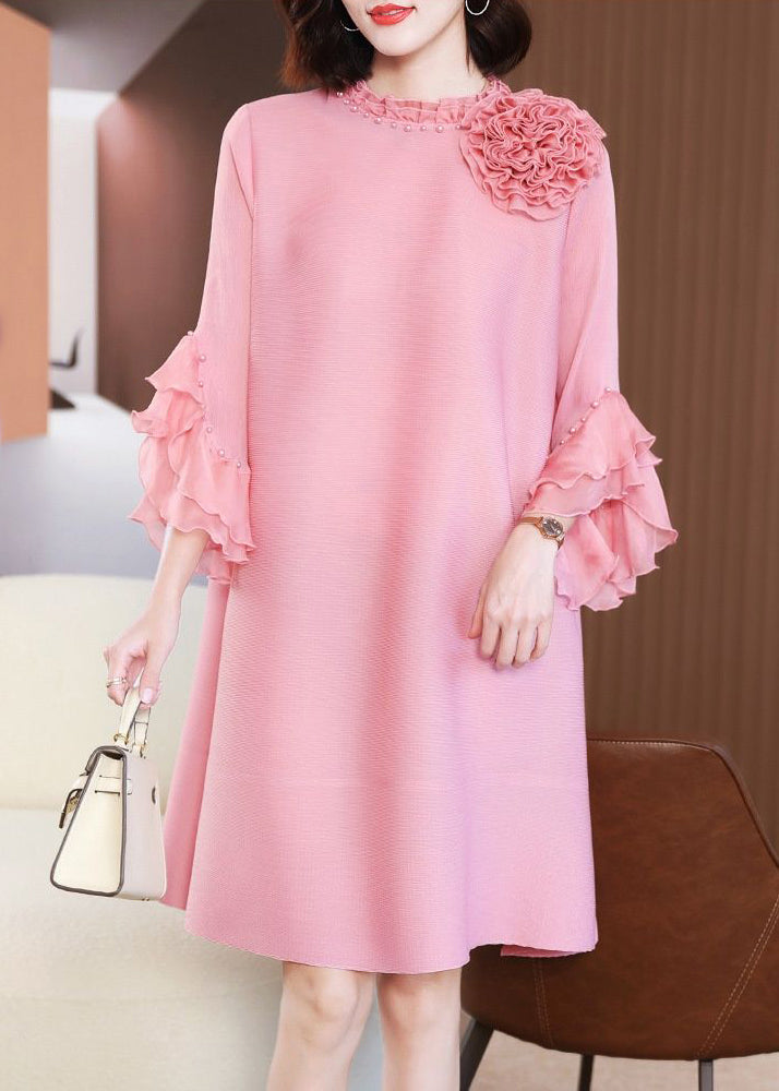 Elegant Pink Stand Collar Floral Nail Bead Vacation Dresses Petal Sleeve