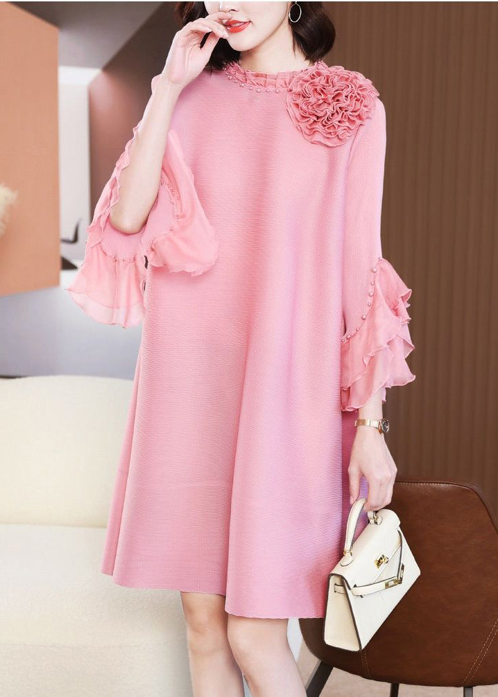Elegant Pink Stand Collar Floral Nail Bead Vacation Dresses Petal Sleeve
