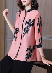 Elegant Pink Stand Collar Print Patchwork Button Shirts Bracelet Sleeve