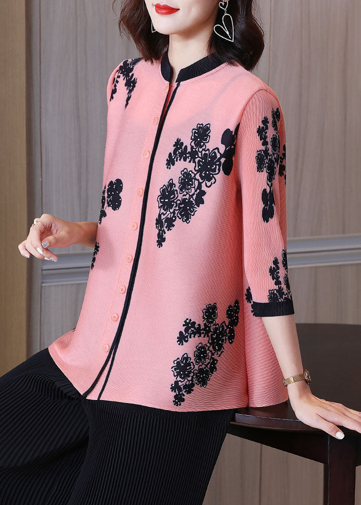 Elegant Pink Stand Collar Print Patchwork Button Shirts Bracelet Sleeve