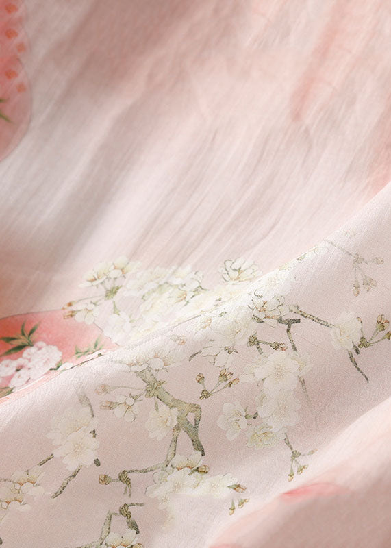 Elegant Pink Stand Collar Print Patchwork Cotton Shirts Top Summer