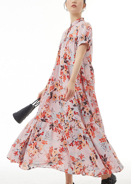 Elegant Pink Stand Collar Wrinkled Print Patchwork Chiffon Dress Summer