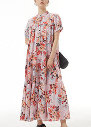 Elegant Pink Stand Collar Wrinkled Print Patchwork Chiffon Dress Summer