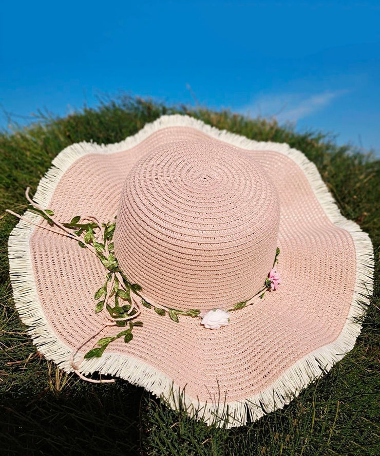 Elegant Pink Straw Woven Beach Floppy Sun Hat