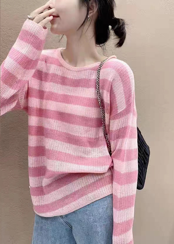 Elegant Pink Striped O Neck Cozy Knit Top Long Sleeve