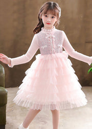 Elegant Pink Turtleneck Knit Patchwork Tulle Kids Vacation Mid Dresses Long Sleeve