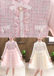 Elegant Pink Turtleneck Knit Patchwork Tulle Kids Vacation Mid Dresses Long Sleeve