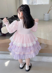 Elegant Pink Turtleneck Tulle Patchwork Knit Girls Holiday Maxi Dress Long Sleeve