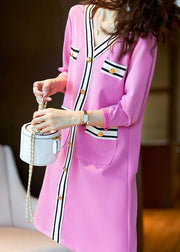 Elegant Pink V Neck Button Patchwork Cotton Mid Dress Spring