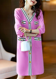 Elegant Pink V Neck Button Patchwork Cotton Mid Dress Spring