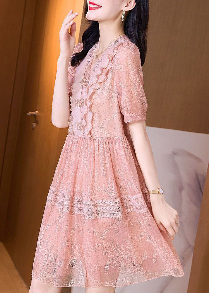 Elegant Pink V Neck Lace Ruffles Patchwork Tulle Dress Summer