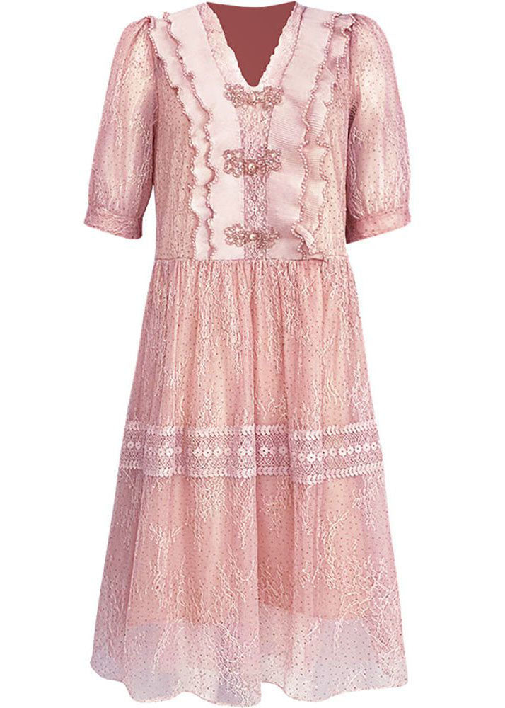Elegant Pink V Neck Lace Ruffles Patchwork Tulle Dress Summer