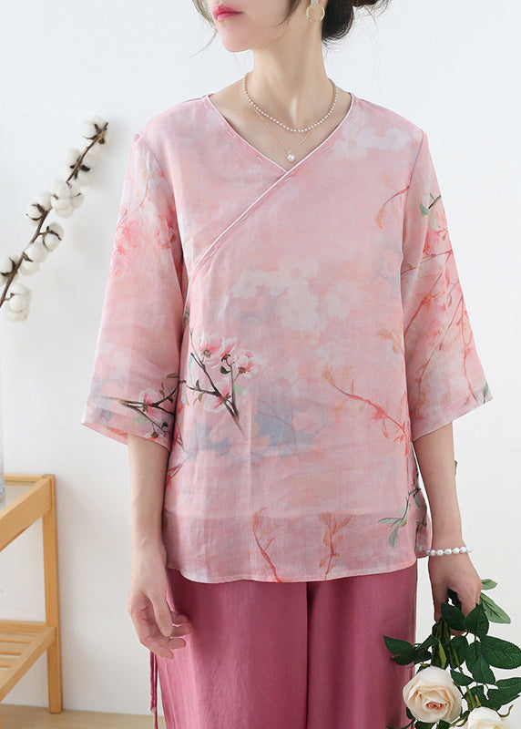 Elegant Pink V Neck Print Linen Shirt Top Half Sleeve