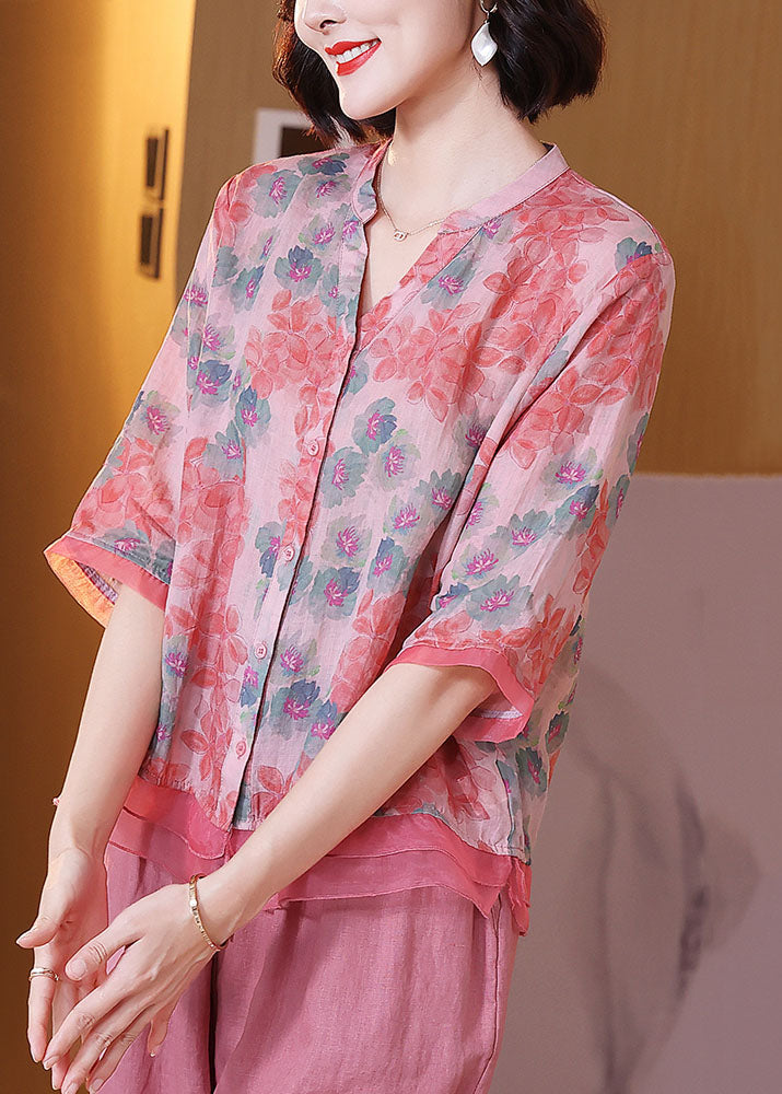 Elegant Pink V Neck Print Patchwork Linen Shirt Top Summer
