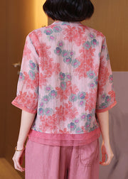 Elegant Pink V Neck Print Patchwork Linen Shirt Top Summer