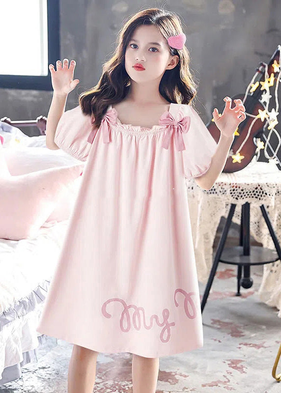 Elegant Pink Wrinkled Graphic Bow Cotton Girls Maxi Dress Short Sleeve