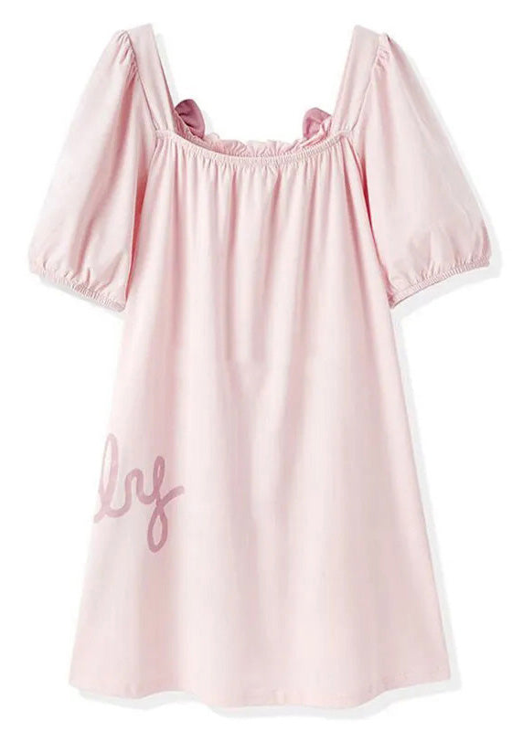 Elegant Pink Wrinkled Graphic Bow Cotton Girls Maxi Dress Short Sleeve