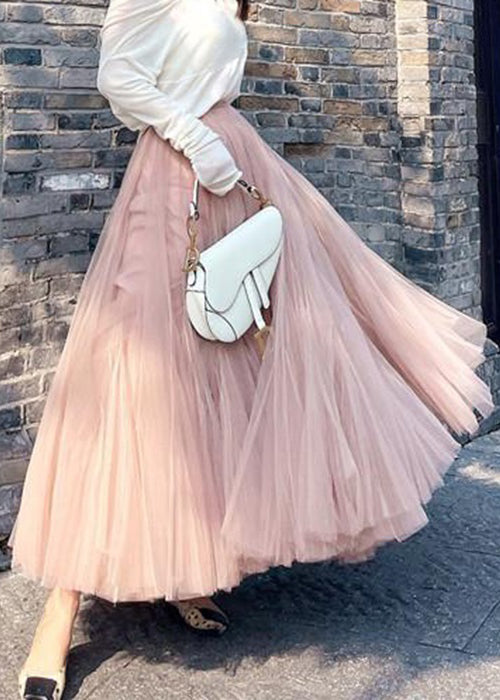 Elegant Pink Wrinkled High Waist Tulle Skirt Spring