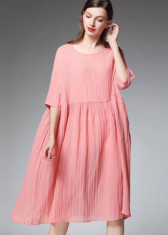 Elegant Pink Wrinkled Pockets Summer Dress Half Sleeve - SooLinen