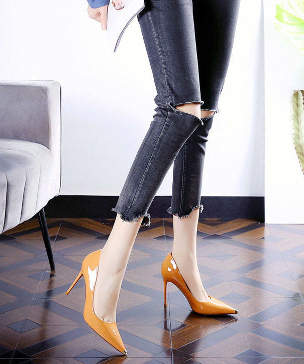Elegant Pointed Toe Stiletto High Heels Orange Cowhide Leather