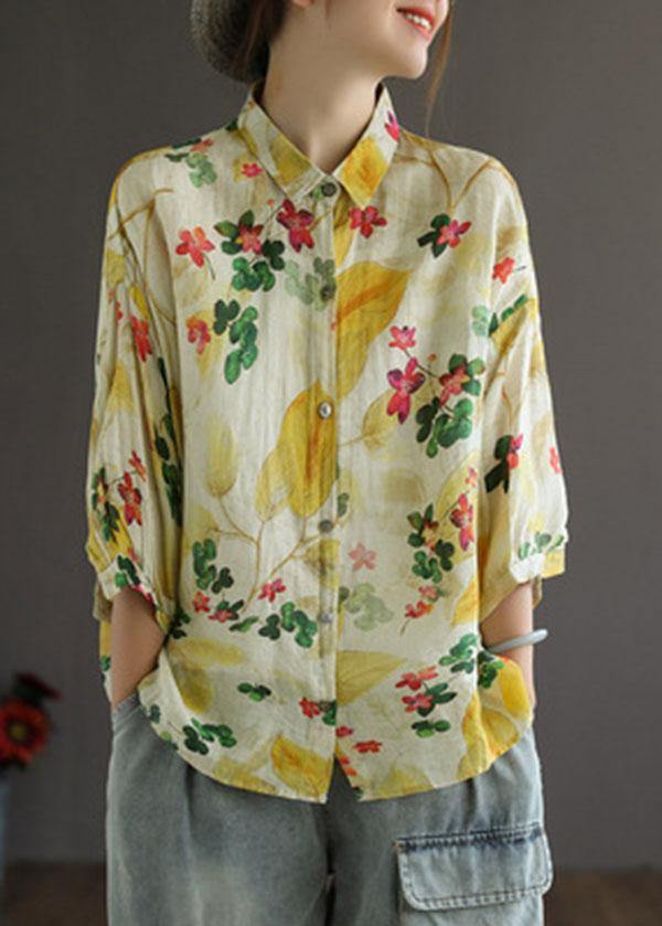 Elegant Print Peter Pan Collar Button Summer Linen Top Three Quarter Sleeve - SooLinen