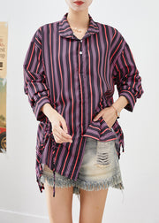 Elegant Purple Cinched Striped Cotton Shirt Tops Fall