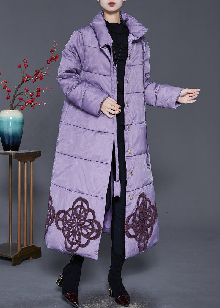 Elegant Purple Embroideried Duck Down Down Coat Winter