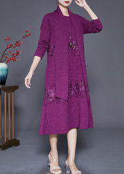 Elegant Purple Embroidered Patchwork Scarf Long Dress Fall