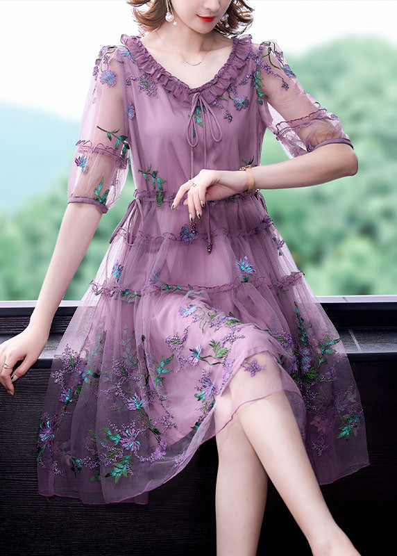 Elegant Purple Embroidered Tulle Holiday Dress Short Sleeve