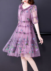 Elegant Purple Embroidered Tulle Holiday Dress Short Sleeve