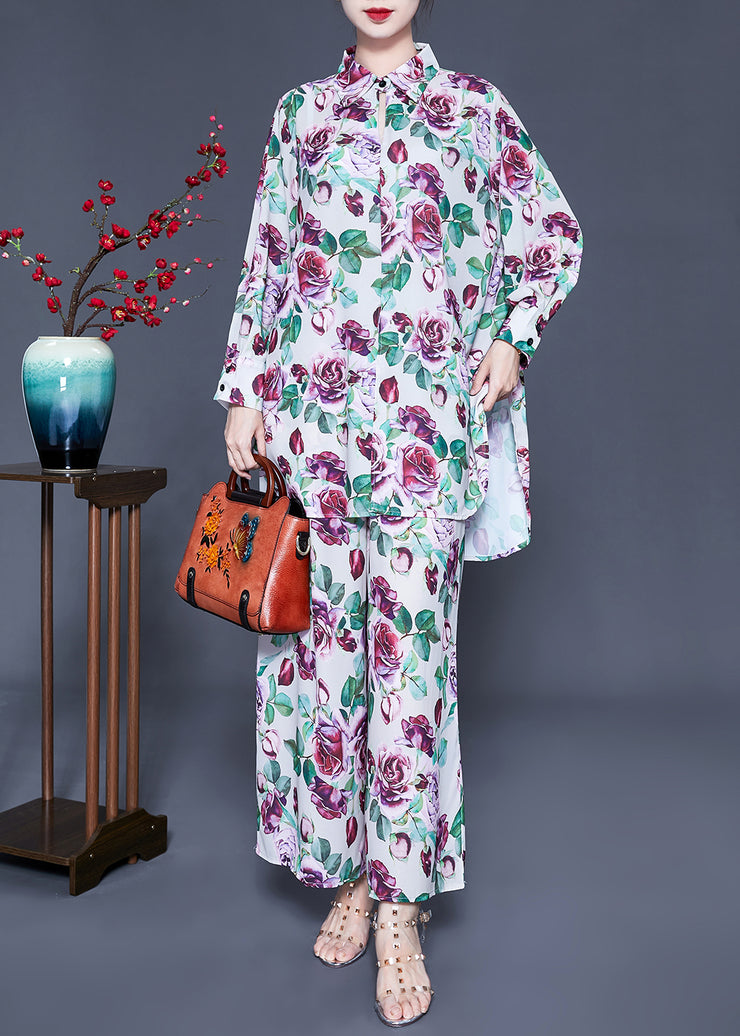 Elegant Purple Floral Print Side Open Silk Tops And Pants Two Pieces Set Spring